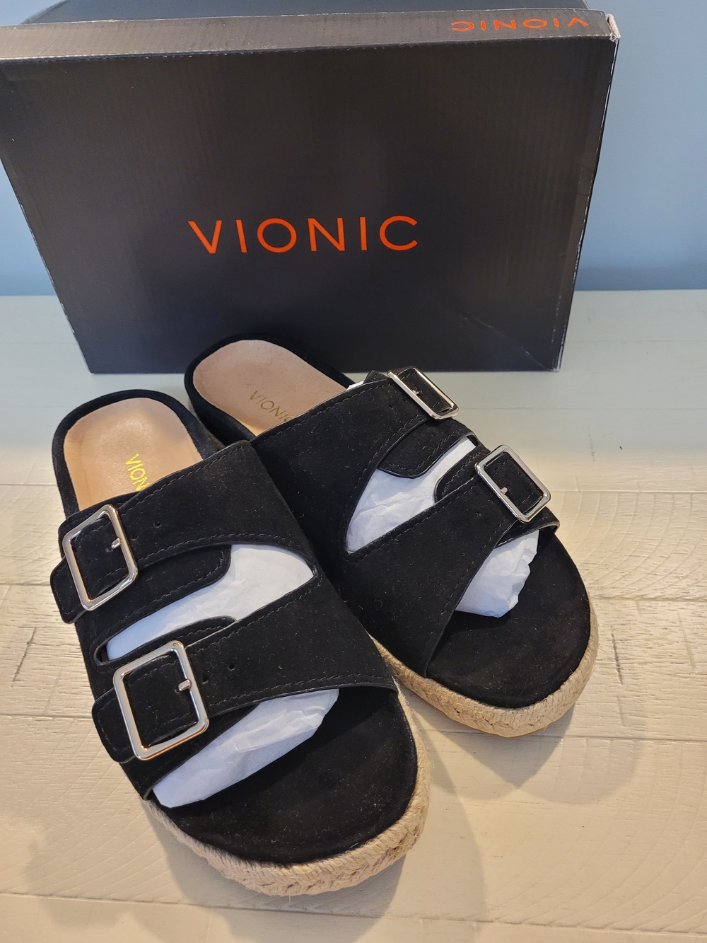 Vionic Black Suede Double Buckle Slide Sandals - Picture 12 of 13